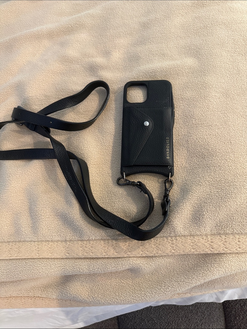 Bandolier Black Leather Crossbody Phone Case with Card Pocket